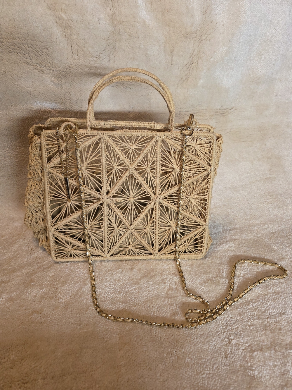House of Harlow 1960 Hand Woven Raffia Geometric Satchel Crossbody Bag Boho